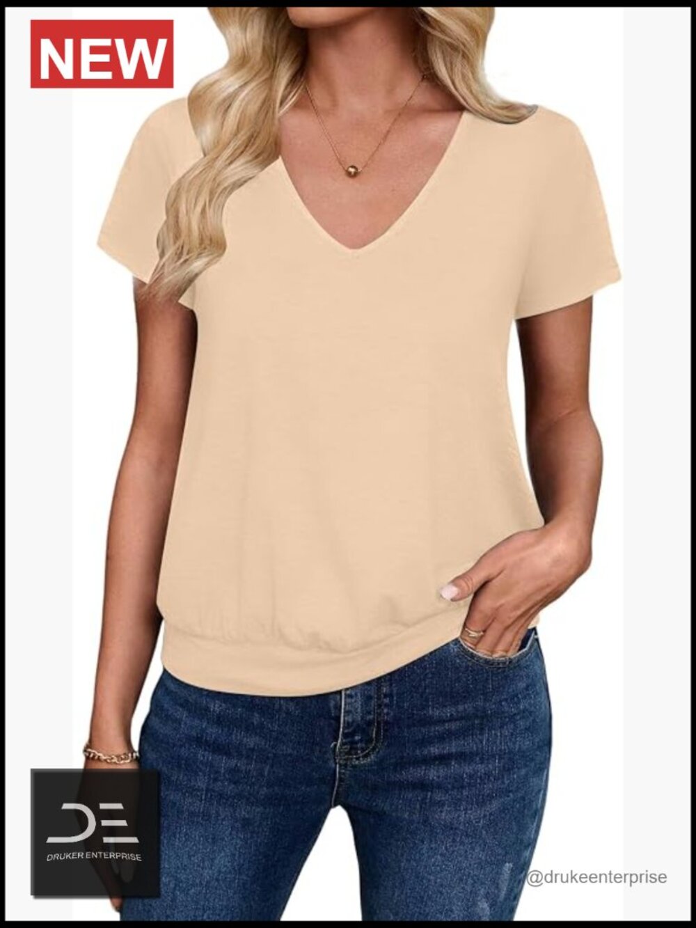 V Neck Short Sleeve T-Shirt with Banded Bottom - Lightweight